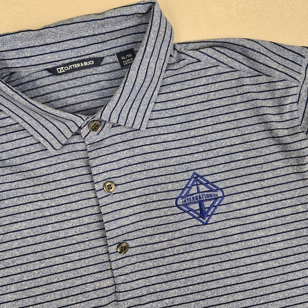 Cutter & Buck Mens Polo Shirt Sz XL Blue Striped Golf Stretch Performance Active